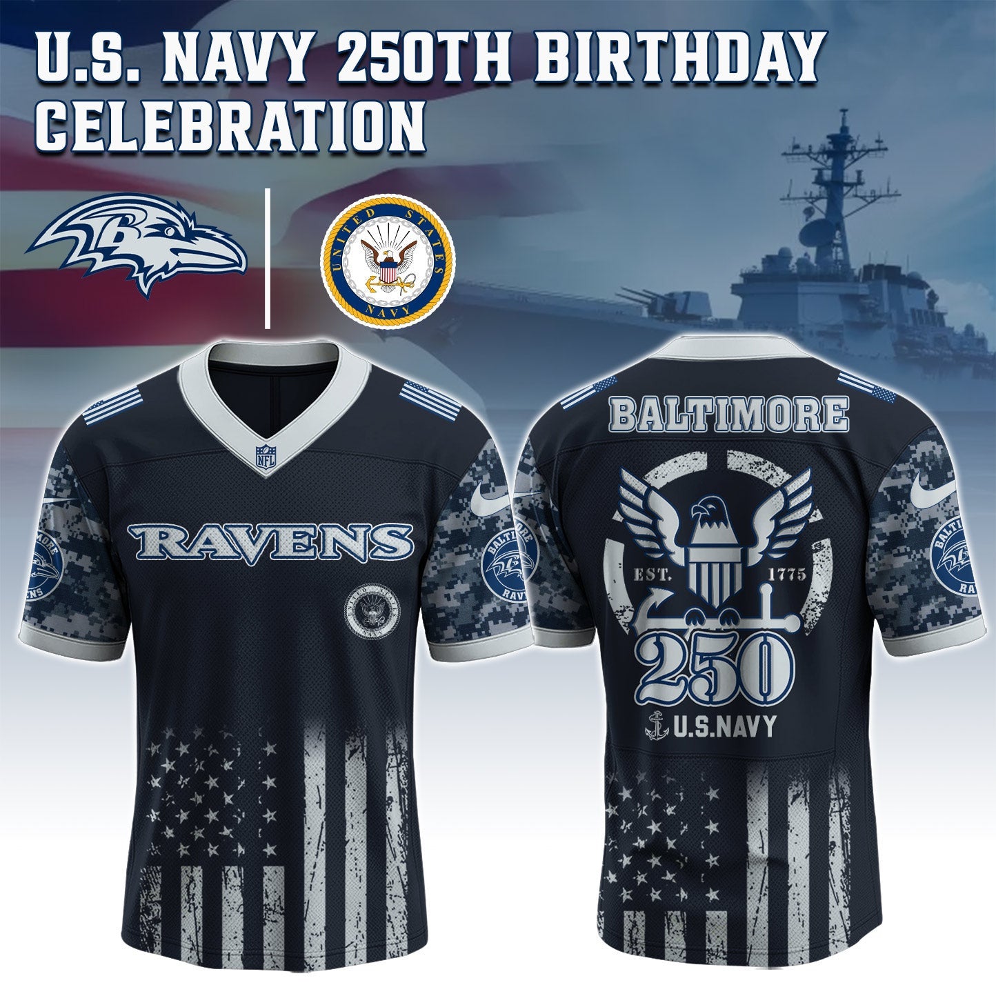 Baltimore Ravens NFL x U.S. NAVY 250TH Birthday Special Edition Jersey