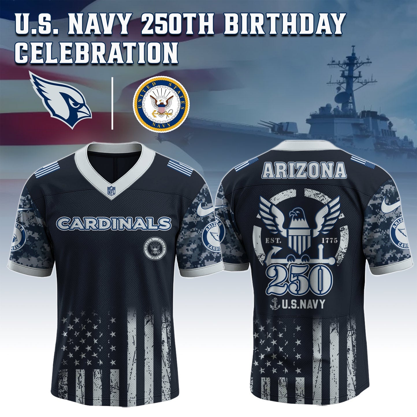 Arizona Cardinals NFL x U.S. NAVY 250TH Birthday Special Edition Jersey